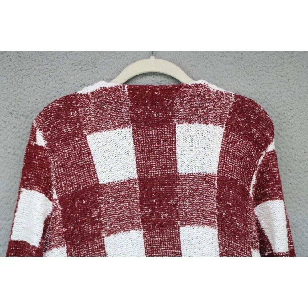 Foxcroft Burgundy White Open Front Cardigan-Size Medium-Picnic Plaid